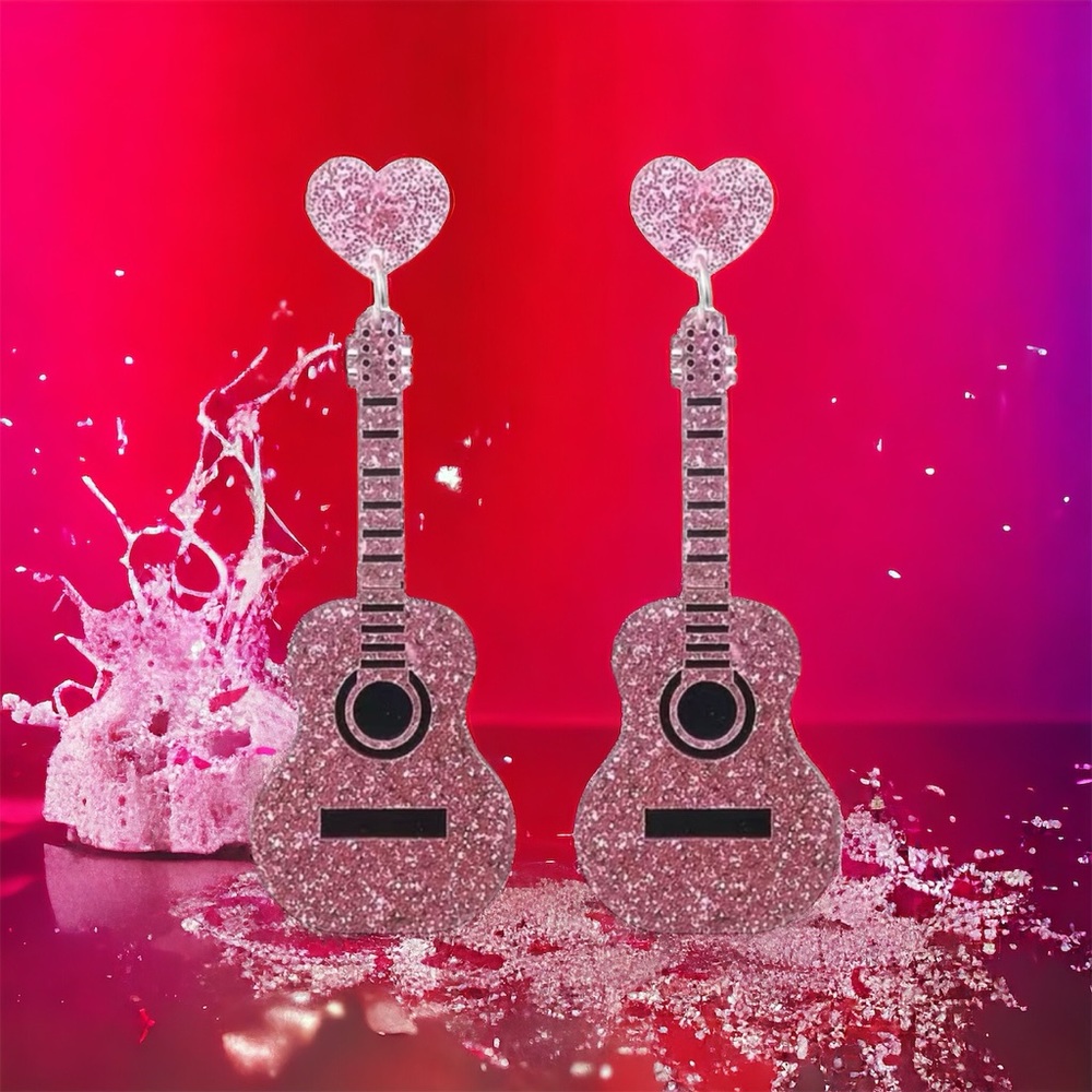 Sparkle with style: Pink guitar glitter acrylic‎ earrings